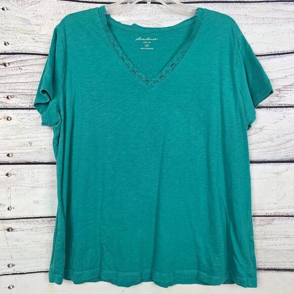 Eddie Bauer Teal Lace Trim V-Neck Tee XXL - Picture 1 of 7